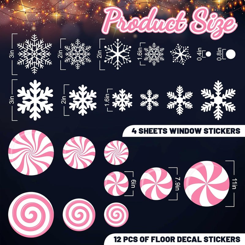 Whaline 108 Pcs Christmas Peppermint Floor Decals Sticker Decoration Pink Candy Snowflake Wall Floor Window Clings for Xmas Winter Holiday Party Decor - Image 2