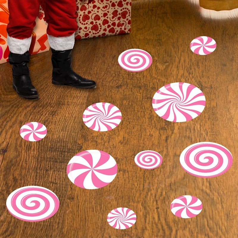 Whaline 108 Pcs Christmas Peppermint Floor Decals Sticker Decoration Pink Candy Snowflake Wall Floor Window Clings for Xmas Winter Holiday Party Decor - Image 5