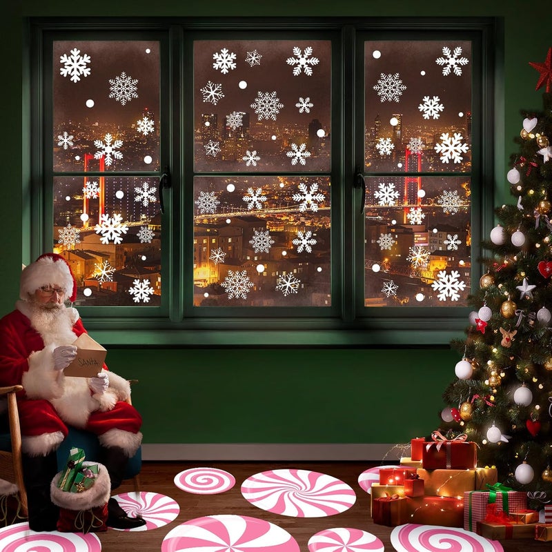 Whaline 108 Pcs Christmas Peppermint Floor Decals Sticker Decoration Pink Candy Snowflake Wall Floor Window Clings for Xmas Winter Holiday Party Decor - Image 4
