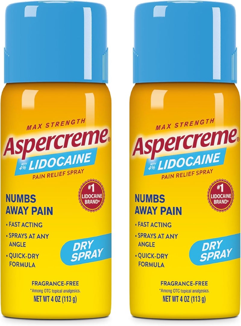 Aspercreme بخاخ ليدوكائين الجاف يهدئ الأعصاب المتهيجة، بخاخ تخفيف الألم الموضعي المخدر بقوة قصوى 4% ليدوكائين، 4 أونصات، عبوتان - Image 1