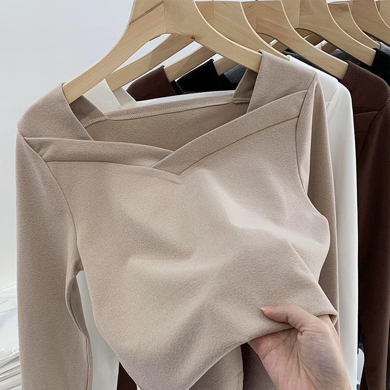 New Square collar irregular western style slim fit thickened top 2023 autumn and winter womens De velvet bottoming shirt all-matching Brown - Image 2