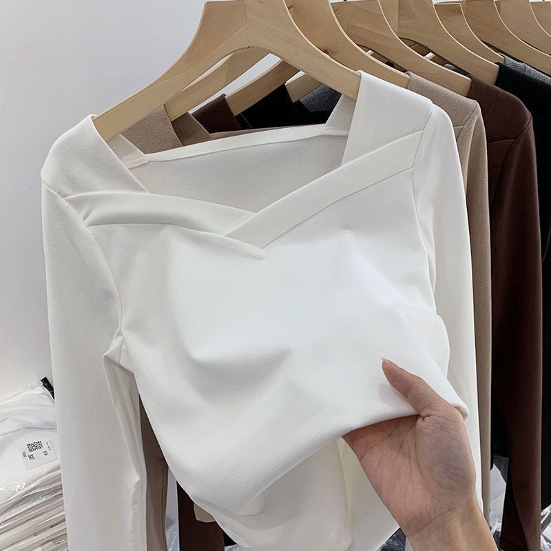 New Square collar irregular western style slim fit thickened top 2023 autumn and winter womens De velvet bottoming shirt all-matching Brown - Image 5