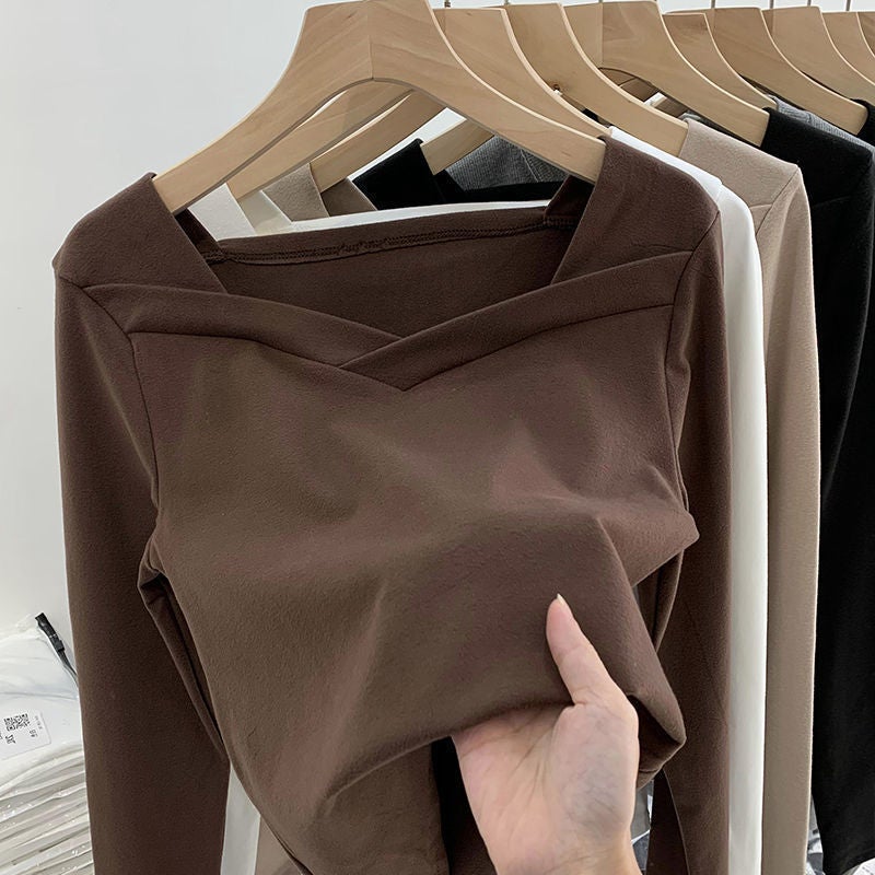 New Square collar irregular western style slim fit thickened top 2023 autumn and winter womens De velvet bottoming shirt all-matching Brown - Image 4