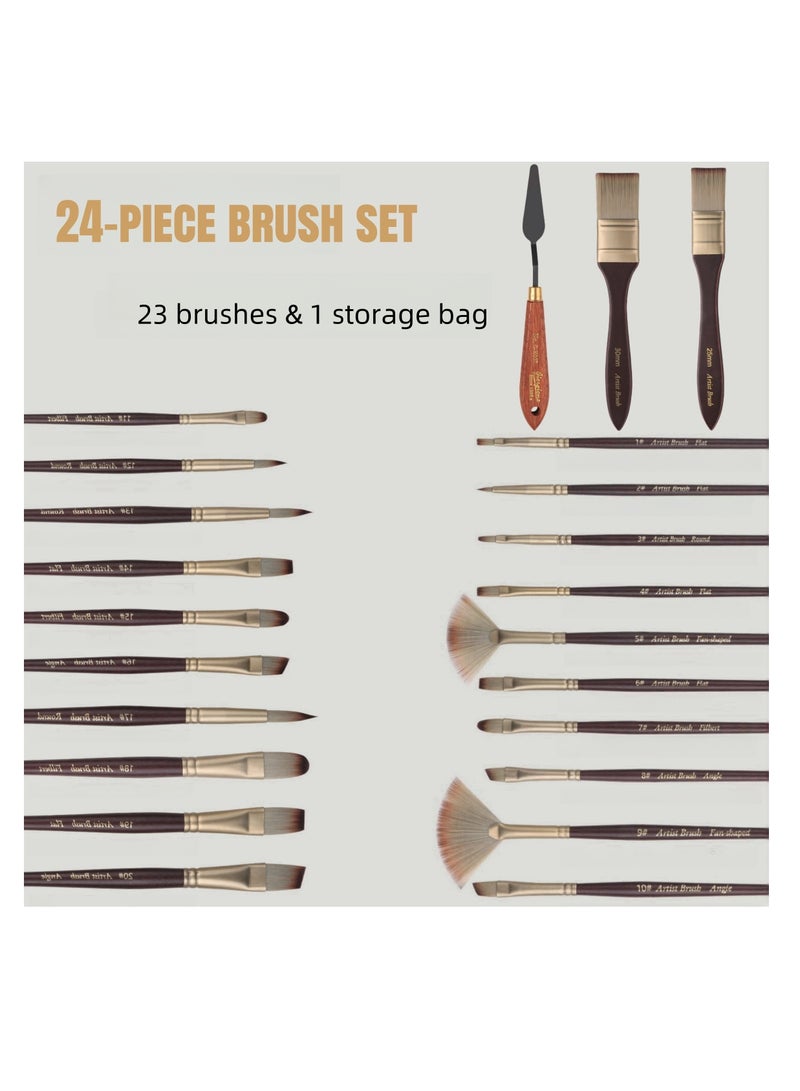 24-Piece Paintbrush Set, Nylon Brush Set with Portable Storage Bag, Includes 20 Brushes, 2 Flat Brushes,  1 Palette Scraper, Wooden Handles, for Acrylic, Oil, Gouache, Watercolor Painting - Image 2