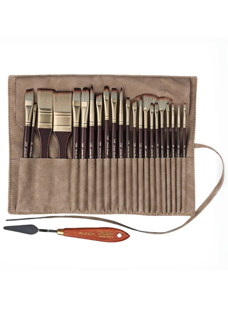 24-Piece Paintbrush Set, Nylon Brush Set with Portable Storage Bag, Includes 20 Brushes, 2 Flat Brushes,  1 Palette Scraper, Wooden Handles, for Acrylic, Oil, Gouache, Watercolor Painting - Image 1