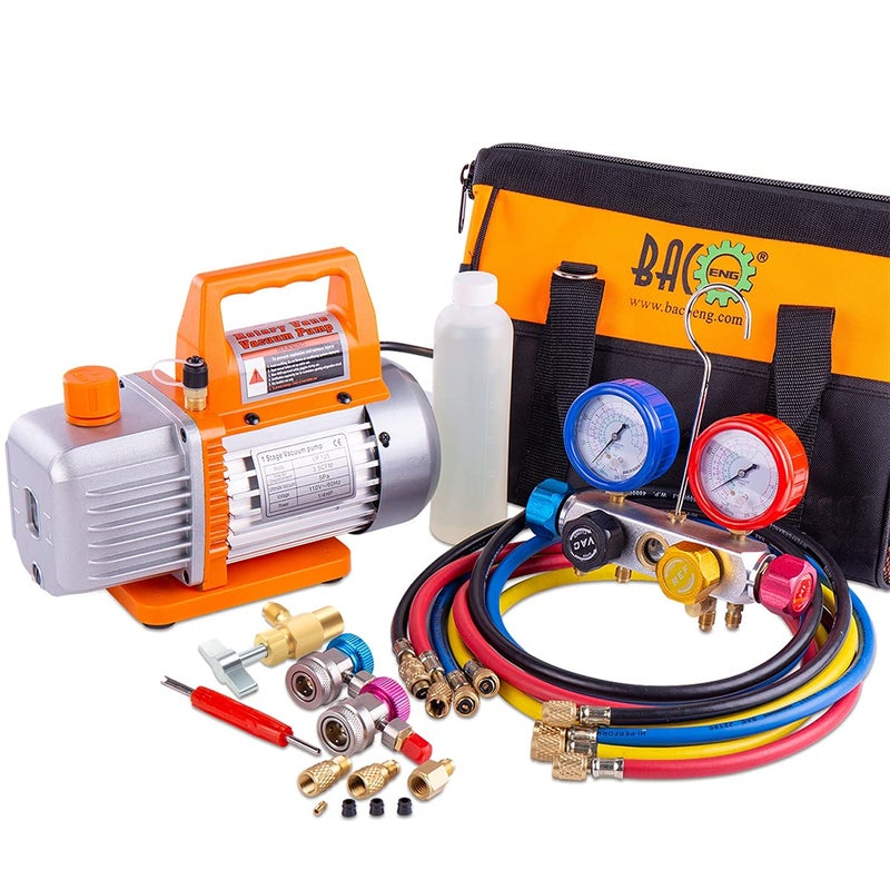 BACOENG AC Vacuum Pump and Gauge Set 4 Way HVAC Vacuum Pump Kit for R134a R410a R22 Refrigerants with R134a Car Quick Couplers Can Tap and 4x5FT Hoses