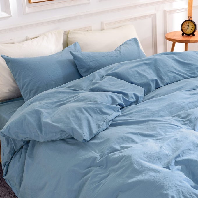 DUVET COVER SET KING SIZE 100 WASHED COTTON LINEN LOOK TEXTURED ORGANIC NATURAL 3 PIECES BEDDING SET WITH ZIPPER CLOSURE AND CORNER TIES BREATHABLE SOFT BLUE NO COMFORTER