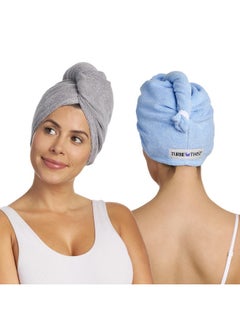 Turbie Twist Turbie Twist 2-Pack Microfiber Hair Towel for Beauty, Travel, Gifting - Hair Wrap Turban for Straight, Wavy & Curly Hair - Premium Hair Care - Grey & Blue  - Image 1