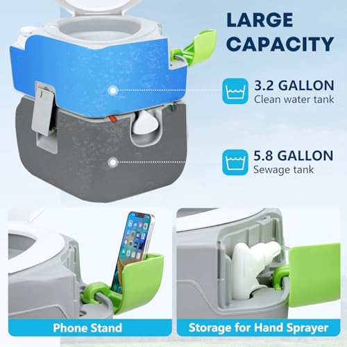 Kohree 5.8 Gal Camping Toilet: Portable Toilet for Adults with Diagonal Elongated Bowl Seat, Large Waste Tank, Leak-Proof Cassette with Level Indicator, RV Travel Porta Potty for Boat Trip Home Use - Image 2