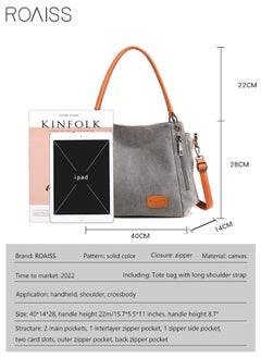 roaiss Large Capacity Shoulder Tote Bag Casual Canvas Handbag Crossbody with Long Strap Multi Pocket for Young Women Teenagers School Shopping Grey/Orange  - Image 5