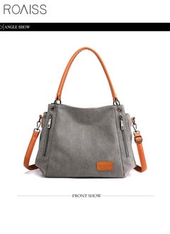 roaiss Large Capacity Shoulder Tote Bag Casual Canvas Handbag Crossbody with Long Strap Multi Pocket for Young Women Teenagers School Shopping Grey/Orange  - Image 2