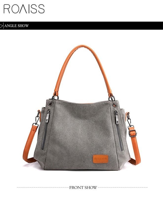 roaiss Large Capacity Shoulder Tote Bag Casual Canvas Handbag Crossbody with Long Strap Multi Pocket for Young Women Teenagers School Shopping Grey/Orange  - Image 2
