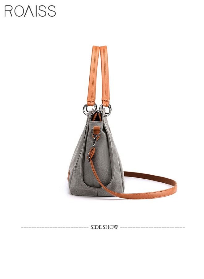 roaiss Large Capacity Shoulder Tote Bag Casual Canvas Handbag Crossbody with Long Strap Multi Pocket for Young Women Teenagers School Shopping Grey/Orange  - Image 4
