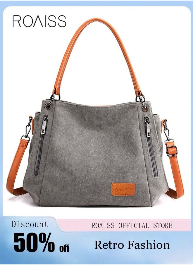 roaiss Large Capacity Shoulder Tote Bag Casual Canvas Handbag Crossbody with Long Strap Multi Pocket for Young Women Teenagers School Shopping Grey/Orange  - Image 1