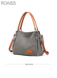 roaiss Large Capacity Shoulder Tote Bag Casual Canvas Handbag Crossbody with Long Strap Multi Pocket for Young Women Teenagers School Shopping Grey/Orange  - Image 3
