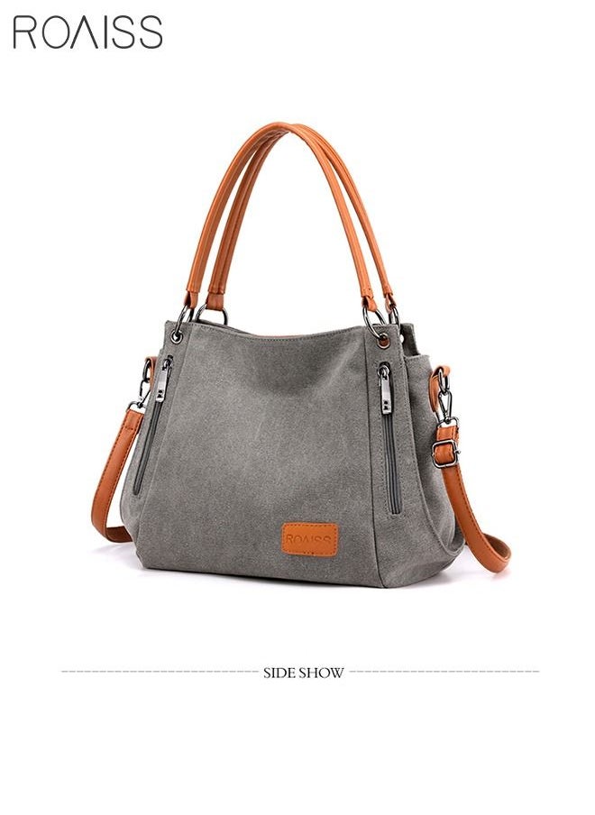roaiss Large Capacity Shoulder Tote Bag Casual Canvas Handbag Crossbody with Long Strap Multi Pocket for Young Women Teenagers School Shopping Grey/Orange  - Image 3