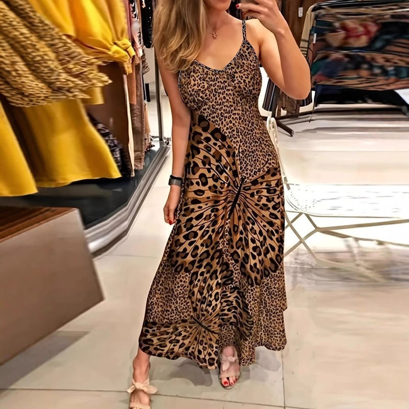 Women's Sleeveless V-Neck Leopard Butterfly Print Maxi Dress - Image 1