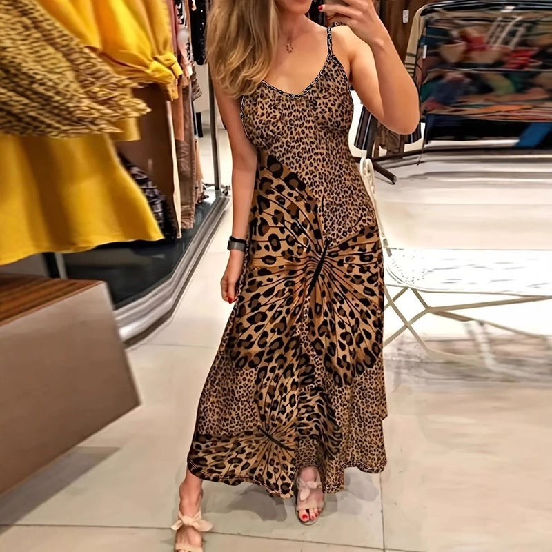 Women's Sleeveless V-Neck Leopard Butterfly Print Maxi Dress - Image 3