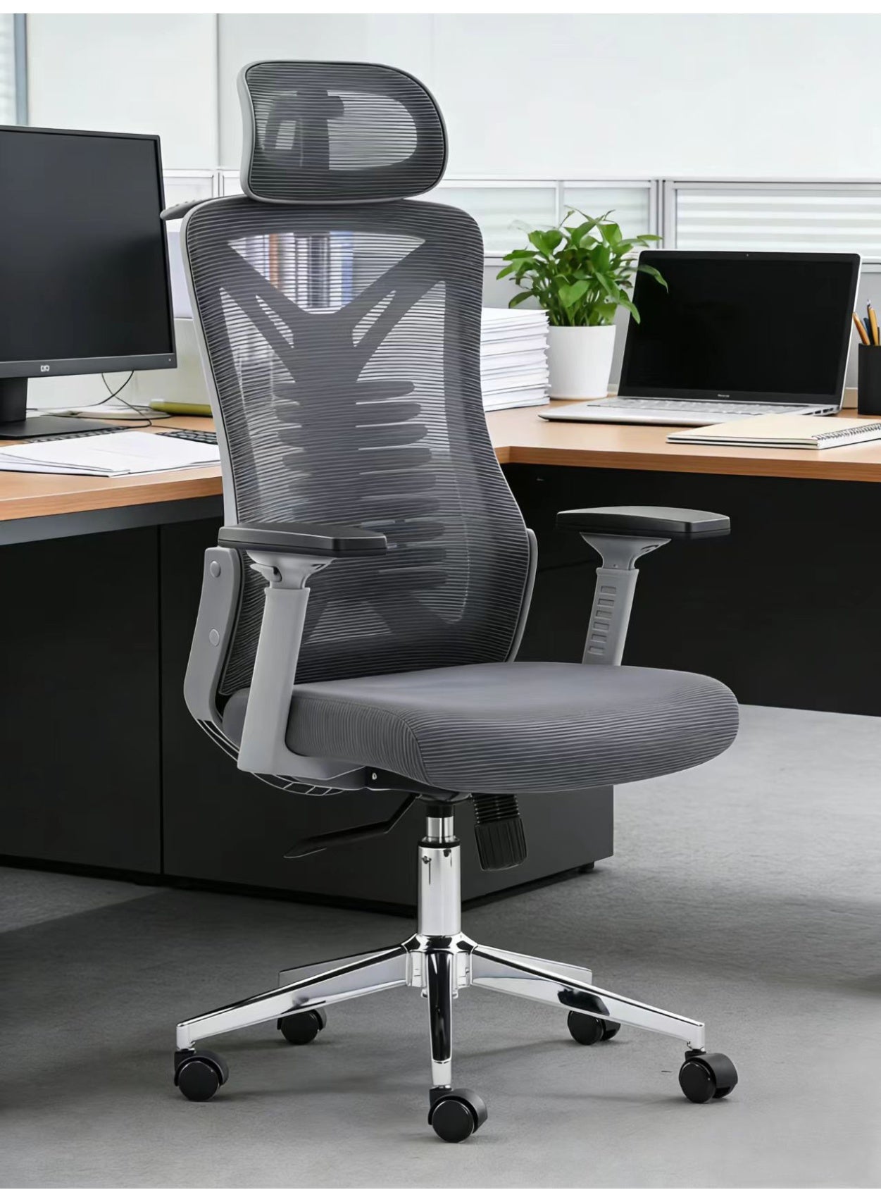 Office Chair, Ergonomic Gaming Chair, Home Office Desk Chairs, High Back Computer Chair with Adjustable Headrest and Lumbar Support, Comfortable Big and Tall Video Game Chairs (Grey)