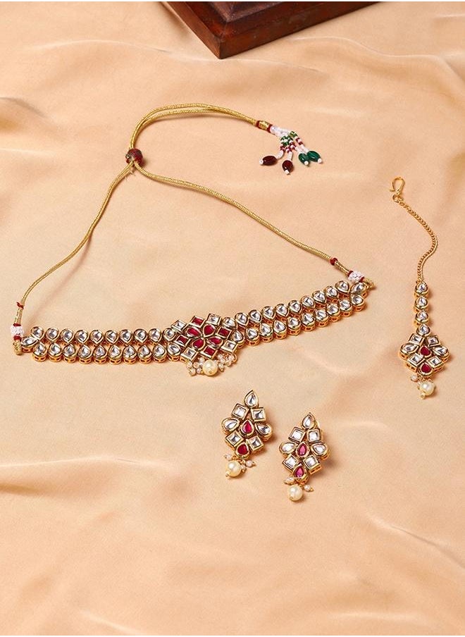 VOYLLA Kundan Studded Gold Plated Necklace Set  - Image 1