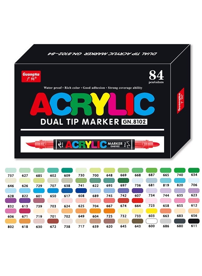 GuangNa 84 Colors Acrylic Dual Tip Marker Set, Liquid Acrylic Paint Markers with Brush Tip & Fine Tip for Drawing, Rock Painting, Wood, Fabric, Glass & DIY Art Projects - Image 1