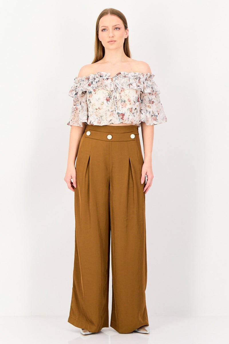 VERO MODA Couture Made For Vero Moda Women Regular Fit Plain Wide Leg Pants, Bronze - Image 4
