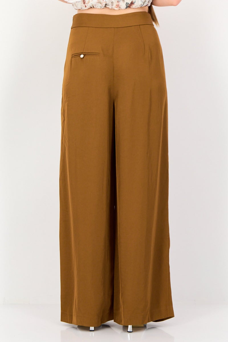 VERO MODA Couture Made For Vero Moda Women Regular Fit Plain Wide Leg Pants, Bronze - Image 3