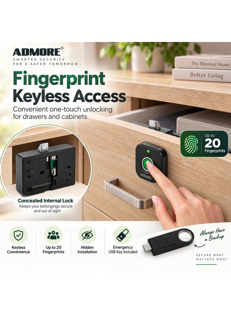 ADMORE Smart Fingerprint Cabinet and Drawer Lock for Wooden Furniture, Keyless Biometric Hidden Electronic Security for Wardrobes, Cupboards and Office File Cabinets - Image 2