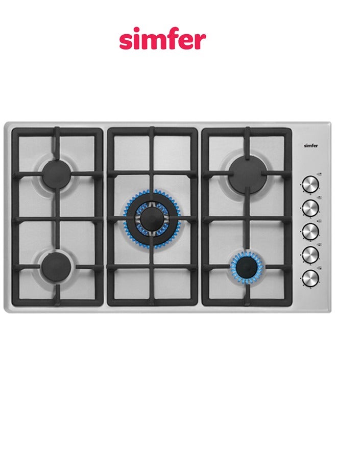Simfer 5 Burners Built-in Gas Hob, 90cm, Italian, Stainless Steel, Made in Turkey | H9500QGWIM - Image 1