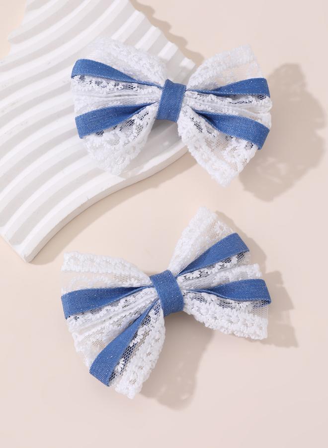 Take Two Pack of 2 - Blue Lace Bow Hair Clips - Image 3
