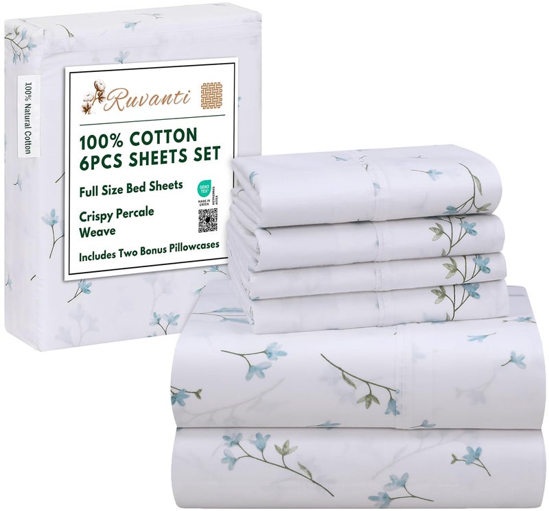 RUVANTI 6 Pcs Cotton Sheets  100 Natural Cotton Soft Lightweight  Breathable Crispy Percale Sheets Full Size Bed Sheets 16 Deep Pockets Burgeon
