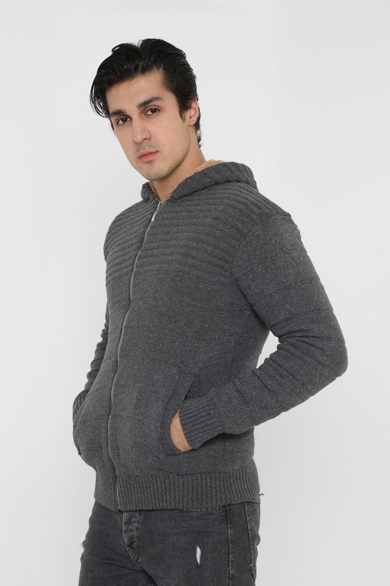 Kmk Men's Gray Fur Lined Hooded Knitted Cardigan  - Image 3