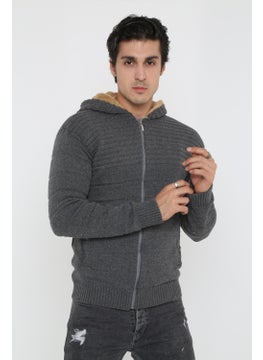 Kmk Men's Gray Fur Lined Hooded Knitted Cardigan  - Image 1