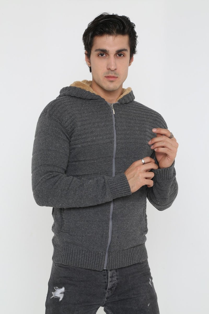 Kmk Men's Gray Fur Lined Hooded Knitted Cardigan  - Image 1