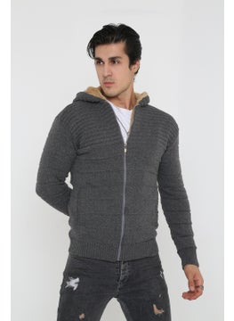 Kmk Men's Gray Fur Lined Hooded Knitted Cardigan  - Image 4