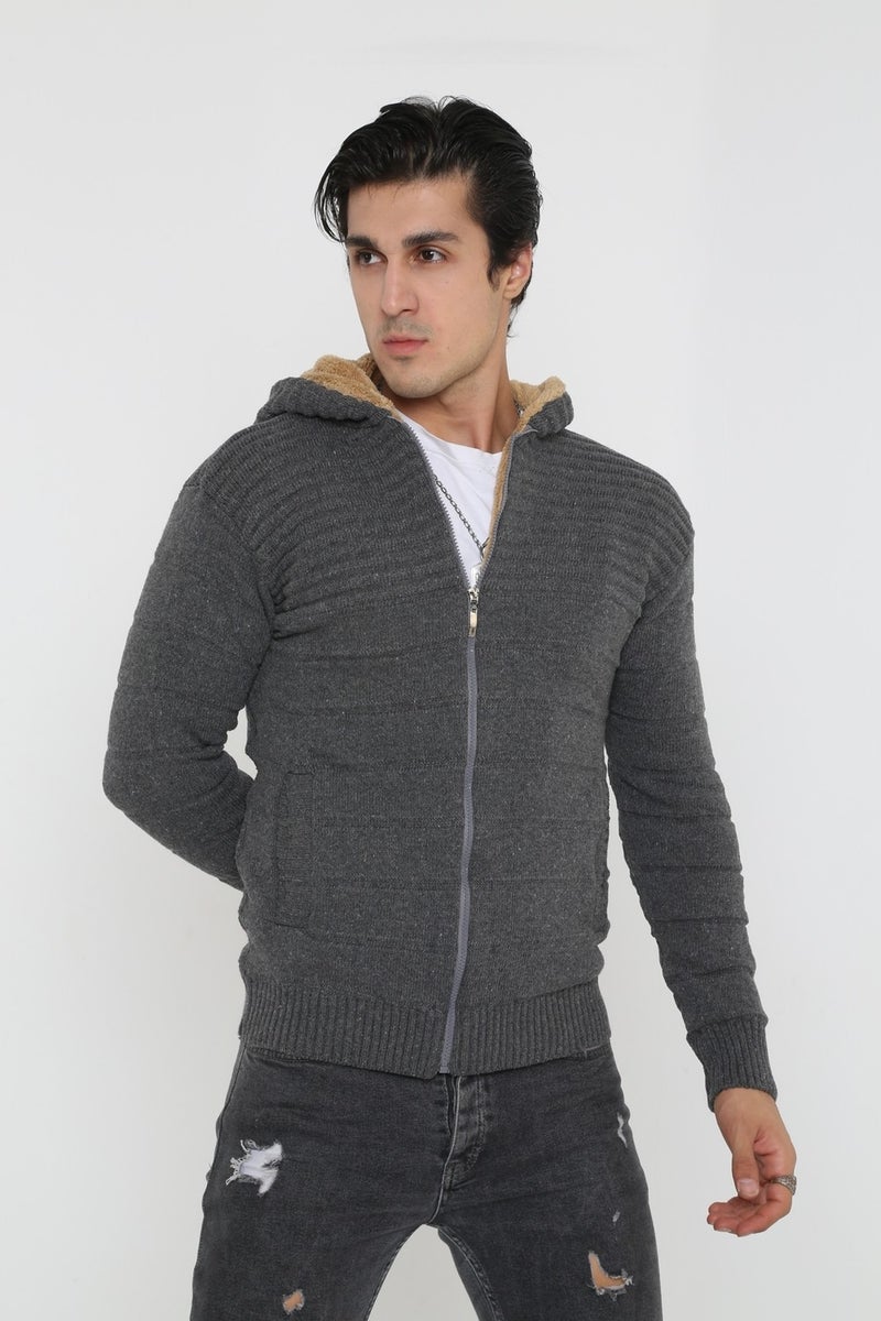 Kmk Men's Gray Fur Lined Hooded Knitted Cardigan  - Image 4