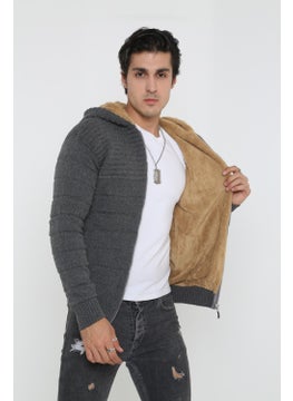 Kmk Men's Gray Fur Lined Hooded Knitted Cardigan  - Image 2