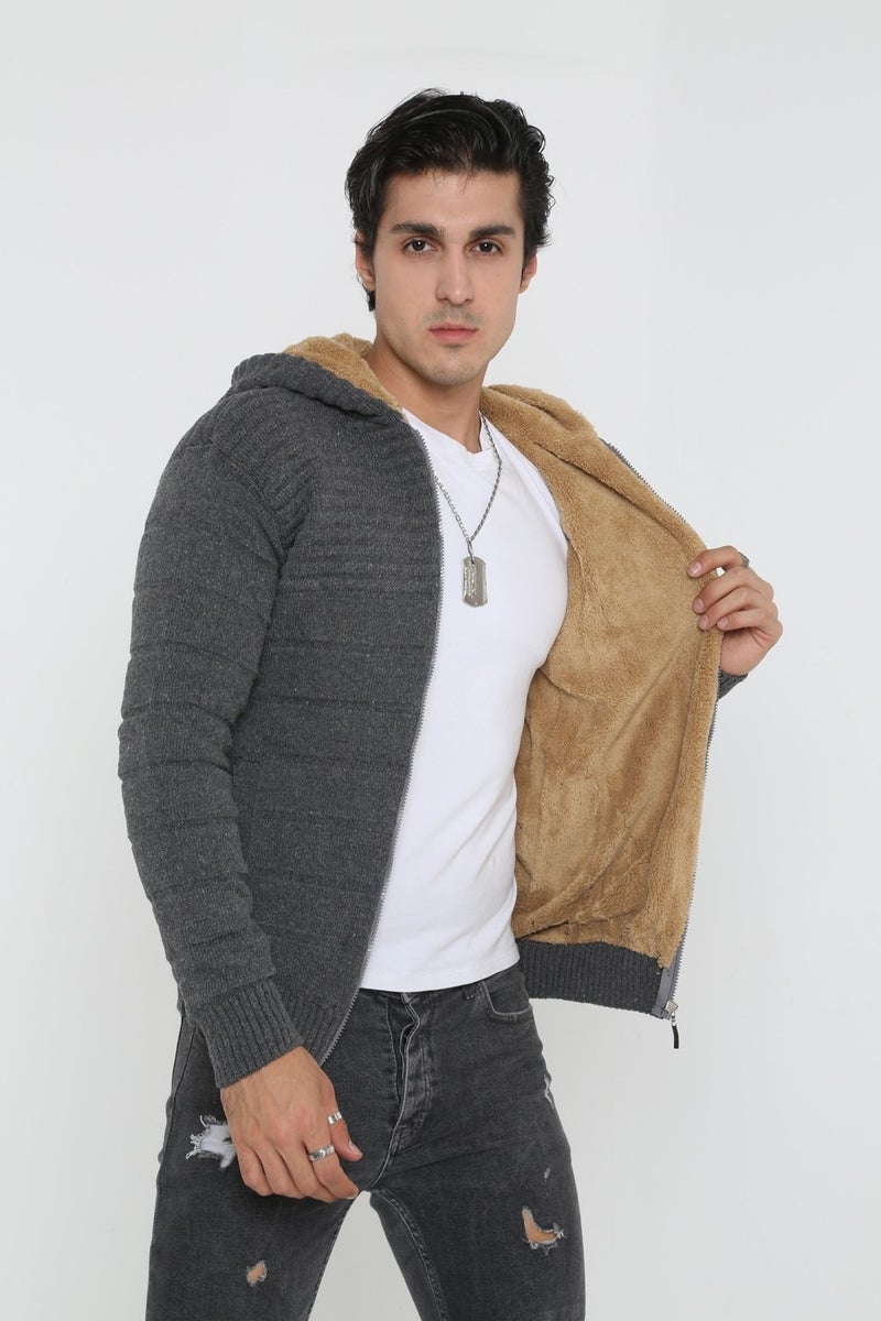 Kmk Men's Gray Fur Lined Hooded Knitted Cardigan  - Image 2