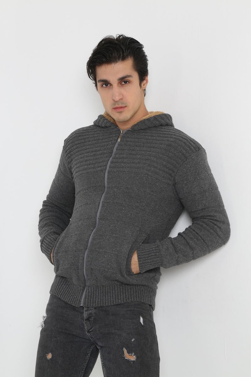 Kmk Men's Gray Fur Lined Hooded Knitted Cardigan  - Image 5