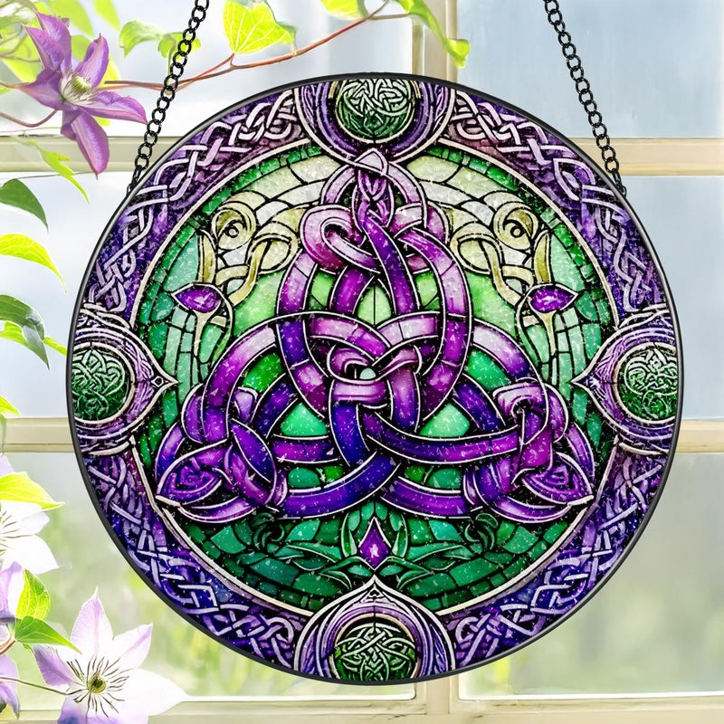 LAOWEIKI Stained Glass Window Hanging, LAOWEIKI 8'' Celtic Knot Suncatcher, Stained Glass Ornament, Suncatchers for Windows Hanging, Window Decor, Outdoor or Indoor, Gifts for Friends, Women, Art Lover - Image 1