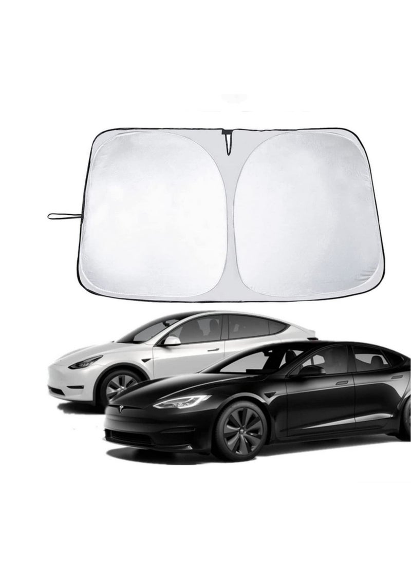 Generic Tesla Model 3 Model Y Windshield Sunshade Front Windshield Double Layer Light Blocking Fabric Foldable Sun Shade with a Storage Bag  - Image 1