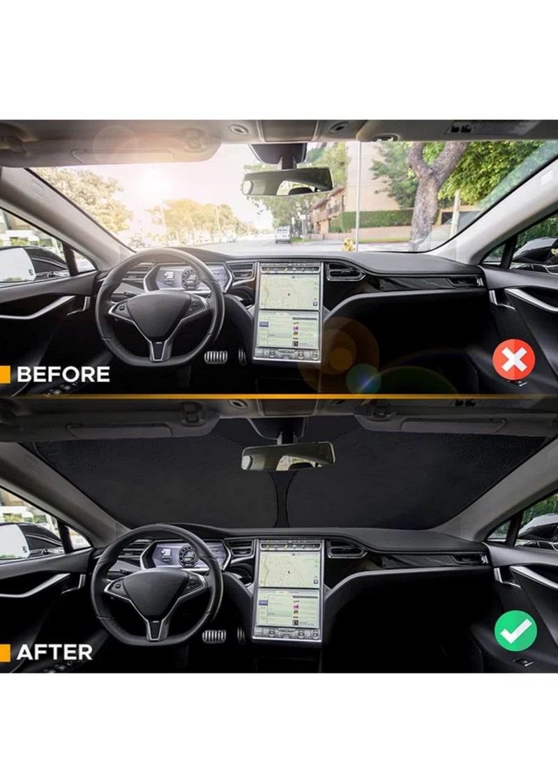 Tesla Model 3 Model Y Windshield Sunshade Front Windshield Double Layer Light Blocking Fabric Foldable Sun Shade with a Storage Bag
