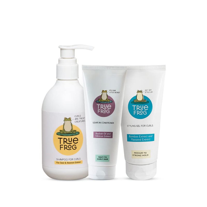 TRue FRoG Hydrating and Moisturising Style Care Shampoo for Curls 250ml Leavein Conditioner for Curly 200g and Styling Gel for Curls 150ml For Curly Wavy Hair Combo Pack of 3 - Image 1