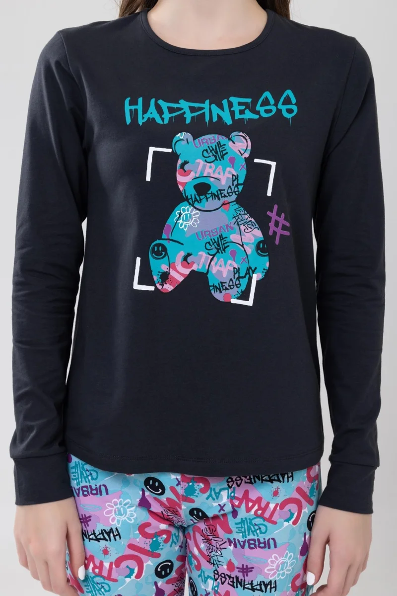 Baykar Girls Cotton Printed Crew Neck Long Sleeve Cuffed Pajama Set 9236 Anthracite