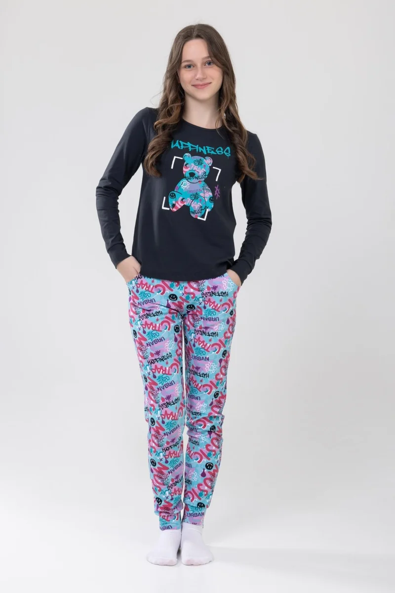Baykar Girls Cotton Printed Crew Neck Long Sleeve Cuffed Pajama Set 9236 Anthracite