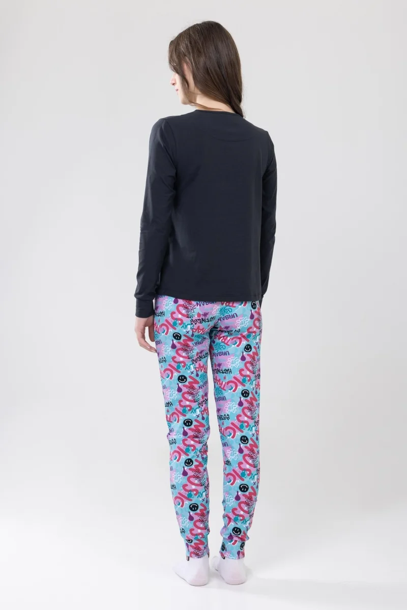 Baykar Girls Cotton Printed Crew Neck Long Sleeve Cuffed Pajama Set 9236 Anthracite