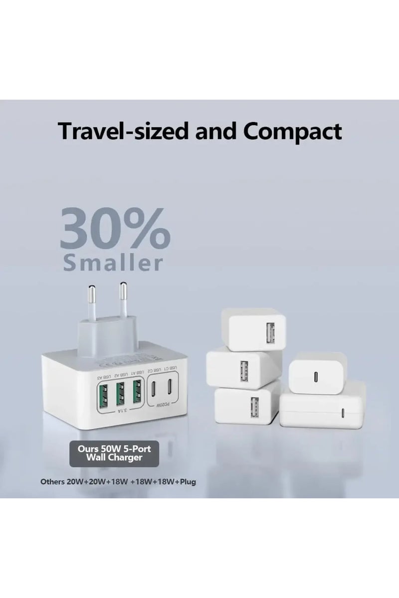 erorex Cargador USB C Charger Cargador Rapido 50W 5 Puertos Bloque de Carga rápida, multicargador USB Ca... - Image 3