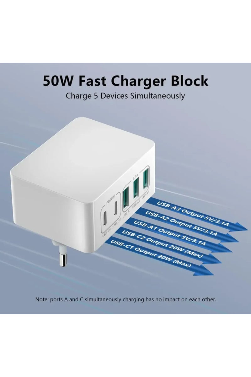 erorex Cargador USB C Charger Cargador Rapido 50W 5 Puertos Bloque de Carga rápida, multicargador USB Ca... - Image 5