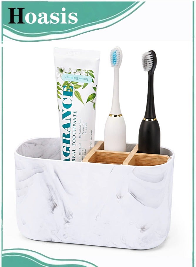 Hoasis Toothbrush Holders for Bathrooms, 5 Slots Bamboo Toothbrush Holder， Kids Electric Toothbrush Holder and Toothpaste Holder， for Bathroom Countertop Accessories Storage, Marble Toothbrush Organizer - Image 1