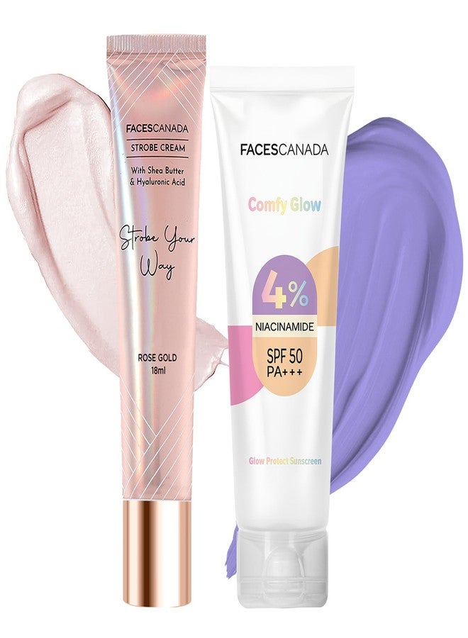 Facescanada FACES CANADA AM Essential Combo - Strobe Cream - Rose Gold, 18ml + Comfy Glow SPF50 PA+++ Niacinamide Sunscreen, 30ml | UVA & UVB Protection | Brightens Skin | Lightweight & Non Greasy | Glowing Makeup Base - Image 1